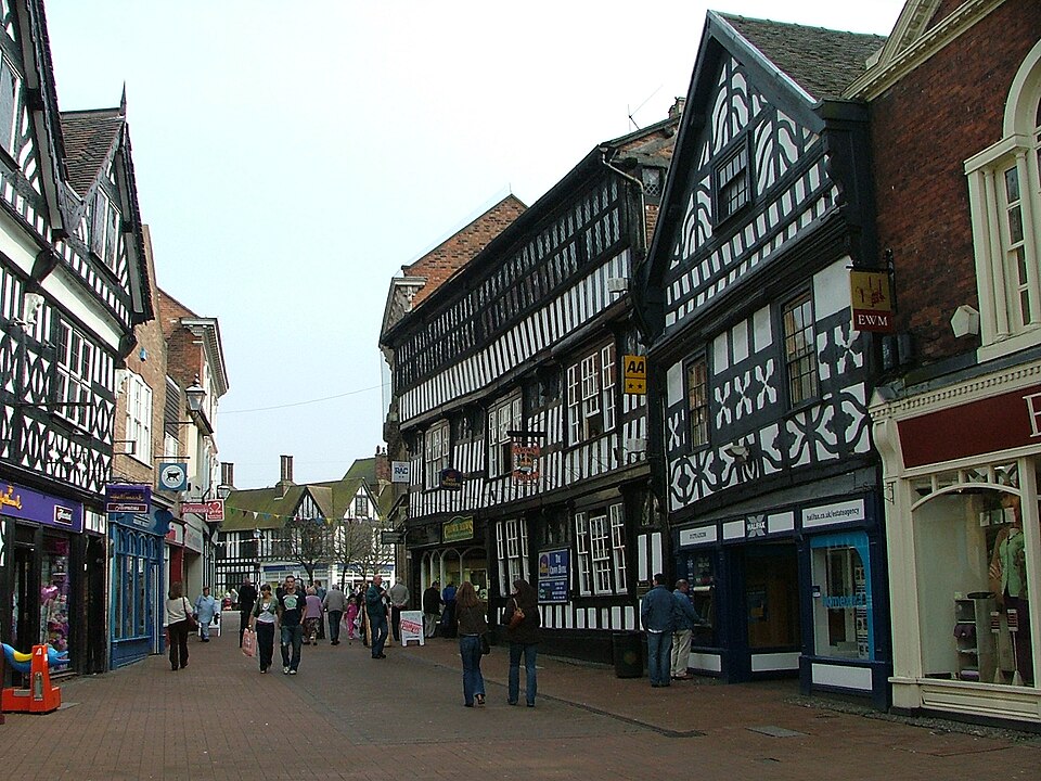 Historic buildings on High Street in Nantwich, from a photograph uploaded in 2006